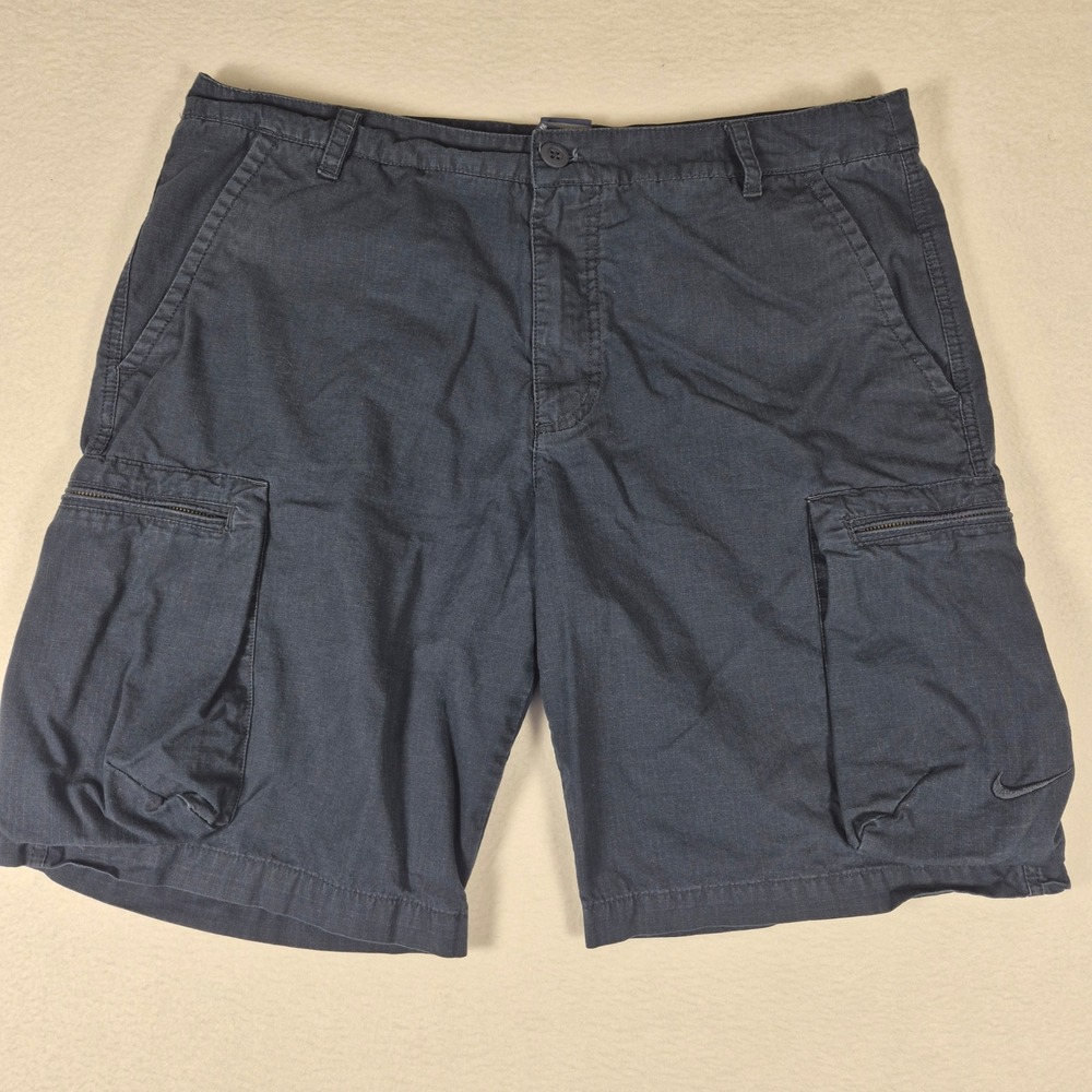 Nike Cargo Shorts Mens 36 Navy Blue Ripstop Utility Zipper Pockets Embroidered